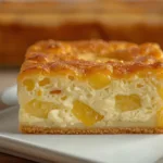 A warm Pineapple Bake casserole dish placed on a wooden table, representing the best of pineapple baking recipes.