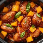 Glazed Sweet Hawaiian Crockpot Chicken over white rice.