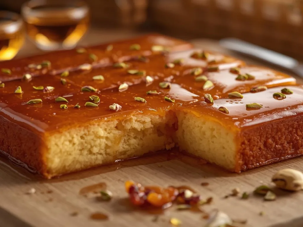 Cardamom Rose Syrup Basbousa garnished with nuts.
