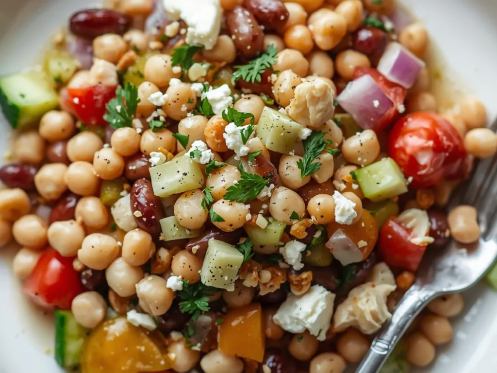 Top-down view of a Dense Bean Salad with artichokes and red onions in a white ceramic dish.