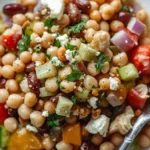 Top-down view of a Dense Bean Salad with artichokes and red onions in a white ceramic dish.