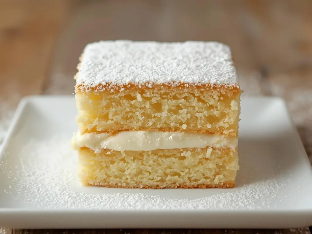 Detailed shot of a Vanilla Magic Custard Cake, a simple vanilla custard cake perfect for family gatherings and quick desserts.