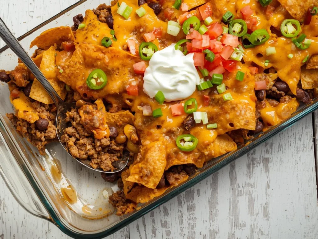 A scoop of Walking Taco Casserole being served on a white plate, showing layers of juicy beef, melted cheese, and tortilla chips.