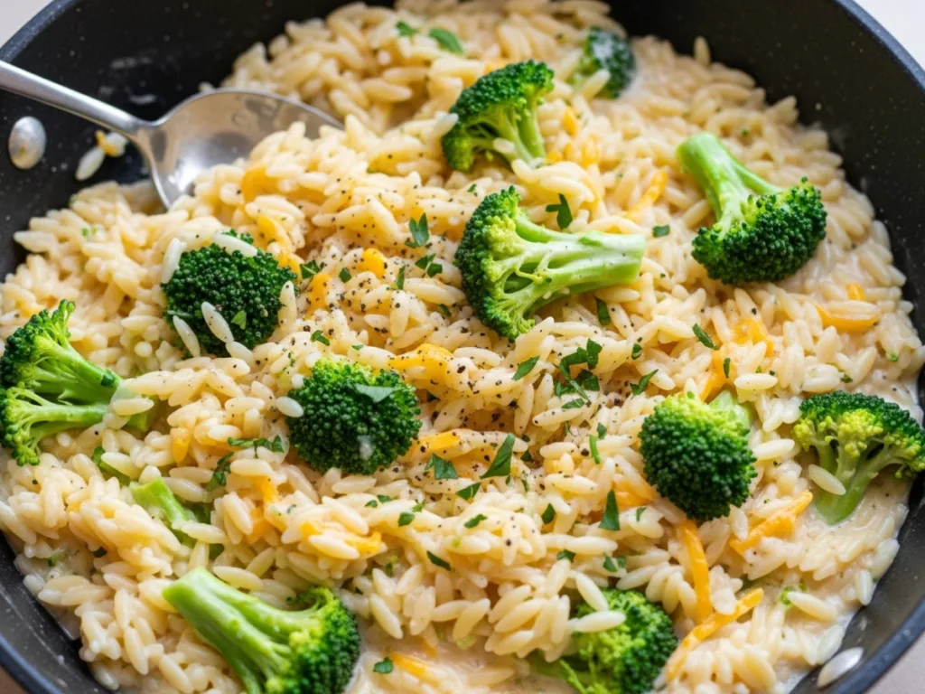 Macro shot of Orzo Recipes highlighting the creamy sauce and sharp cheddar cheese bits in a skillet meal.