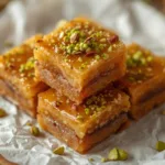 A stack of Brown Butter and Honey Pistachio Cookie Bars on parchment paper with a glass of milk nearby.
