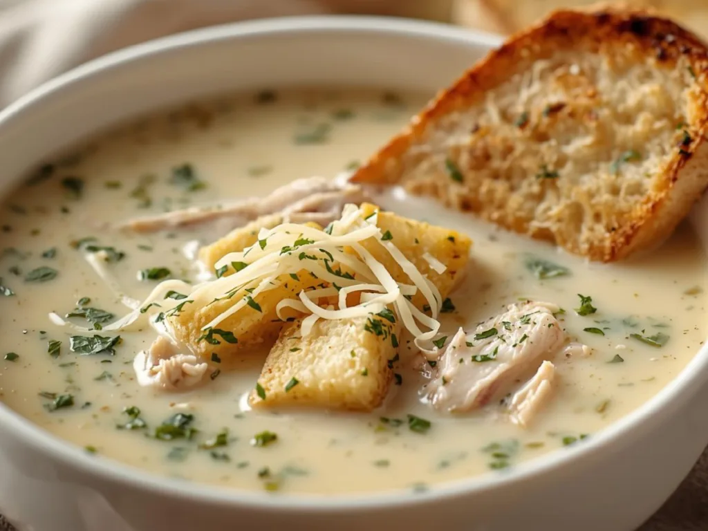 Spoon dipping into Garlic Parmesan Chicken Soup