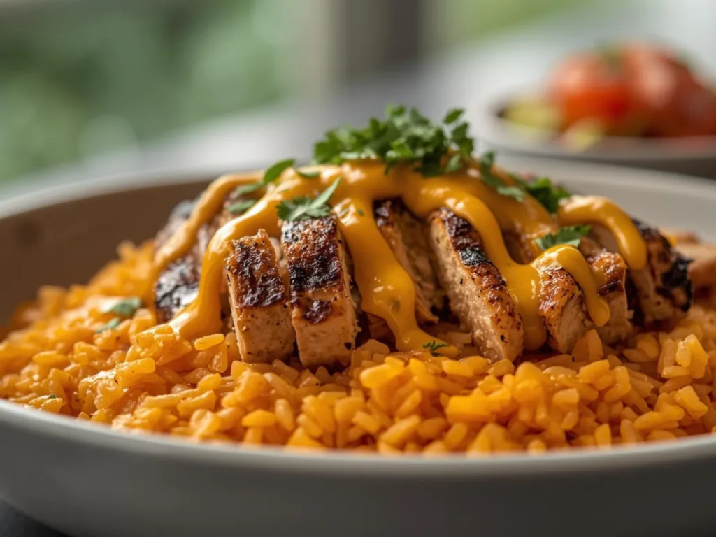 Authentic Mexican chicken over rice and queso.