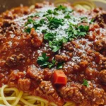 A Classic Bolognese Pasta Dish featuring the 130-Year-Old Italian Spaghetti Sauce on a rustic wooden table.