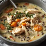 Spoon dipping into Chicken and Wild Rice Soup