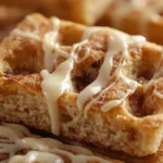 Close-up shot of Cinnamon Sugar Focaccia Recipe with a thick glaze and sparkling sugar crystals on a wooden board.