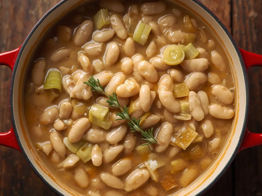Sizzling Creamy Butter Beans with Leeks in a pan.
