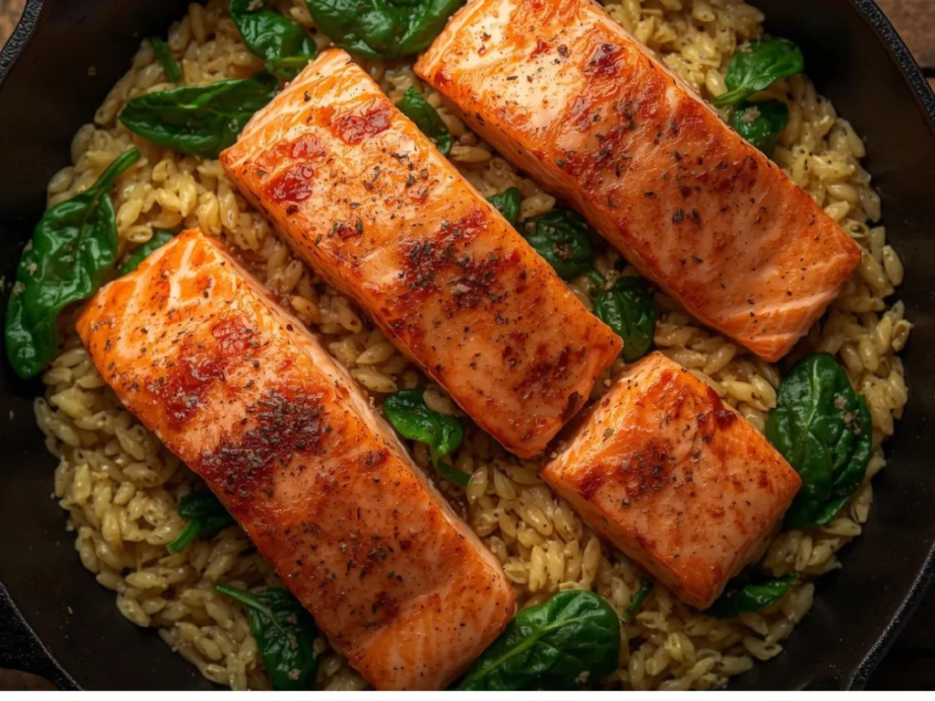 Mediterranean salmon orzo bowl with lemon