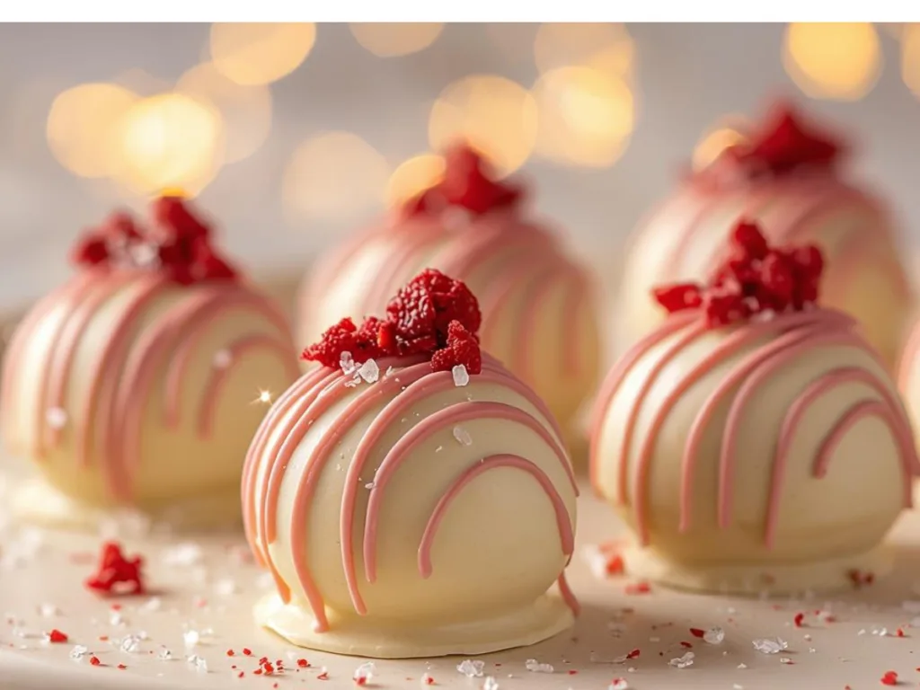 Bite-sized strawberry white chocolate truffles.