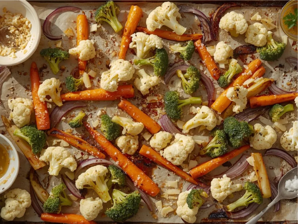 Close-up of sheet pan roasted vegetables with garlic and parmesan.