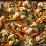 Close-up of sheet pan roasted vegetables with garlic and parmesan.