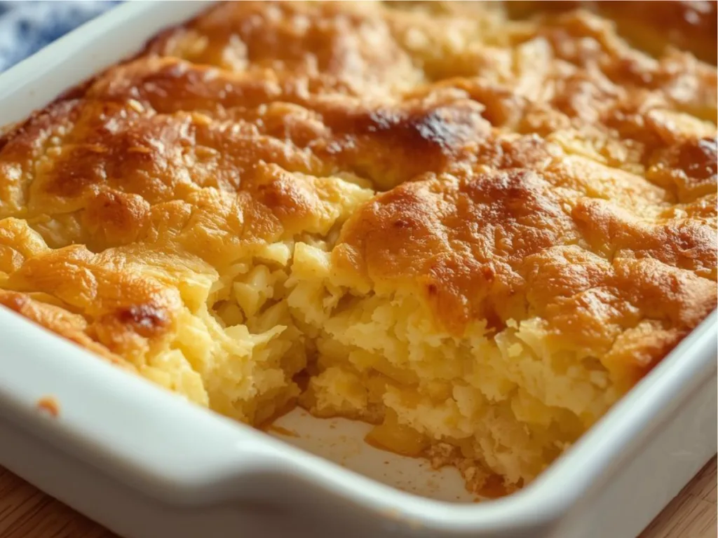 Close-up of cooked pineapple recipes highlighting the creamy texture of a Pineapple Bake Cake with a caramelized topping.