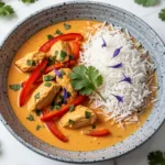 A bowl of creamy slow cooker dump coconut curry chicken dinner served over basmati rice with fresh basil garnish.