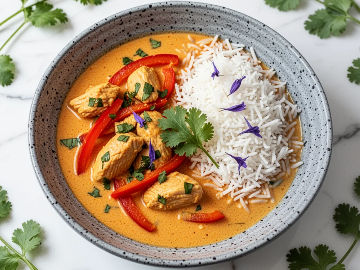 A bowl of creamy slow cooker dump coconut curry chicken dinner served over basmati rice with fresh basil garnish.