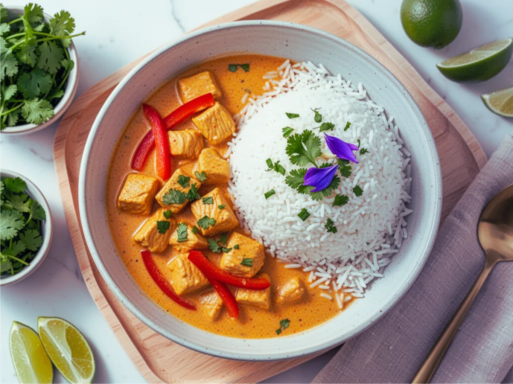 Slow cooker dump coconut curry chicken dinner in a crockpot with cauliflower and peppers.