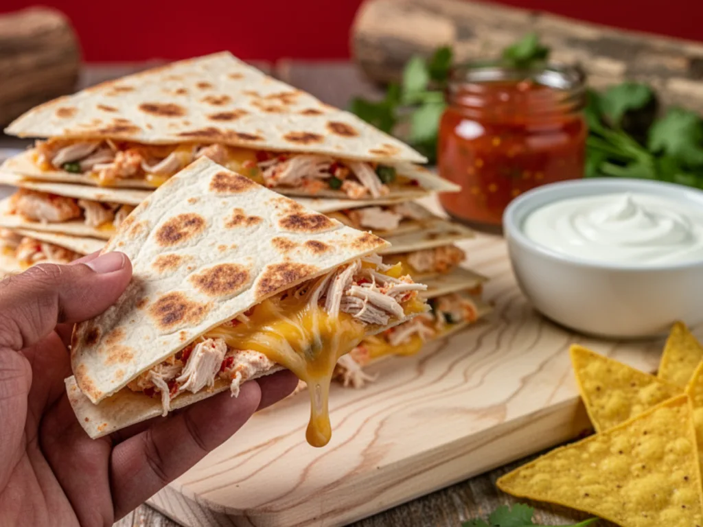 Cheesy Easy Chicken Quesadillas with dip.