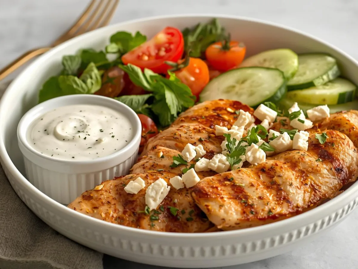 A colorful air fryer Greek chicken bowl with rice, cucumbers, tomatoes, and feta.