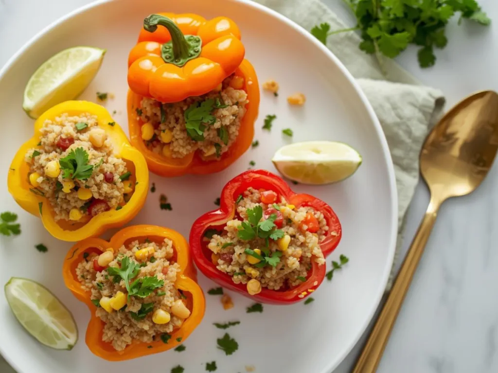 Vibrant air fryer quinoa stuffed bell peppers with melted cheese on top.