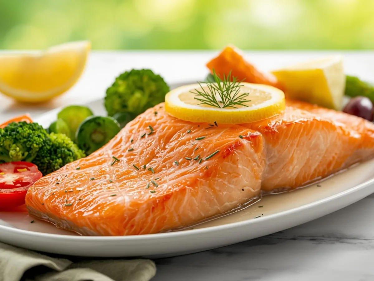 Perfectly cooked air fryer salmon fillet with a crispy golden crust and lemon slices.