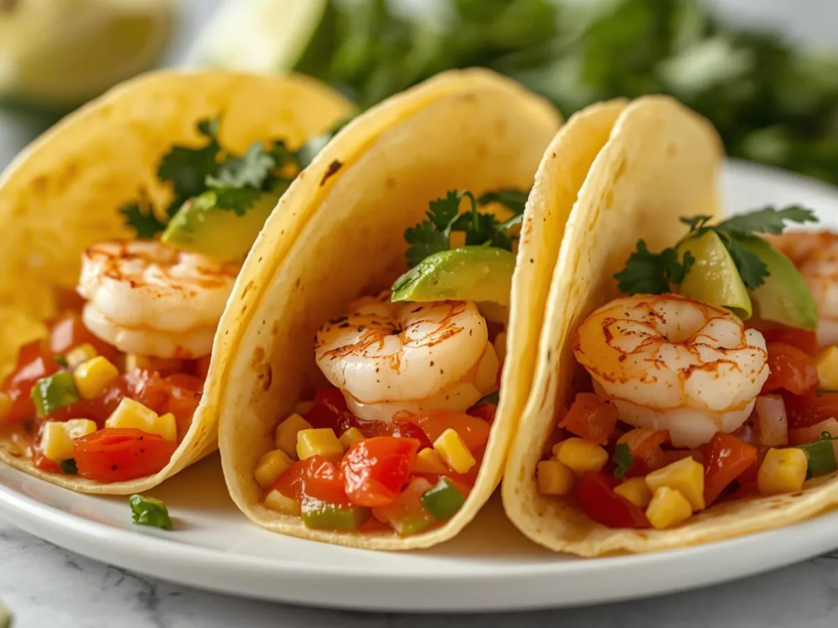 Platter of Bang Bang shrimp tacos air fryer style with avocado and cilantro.