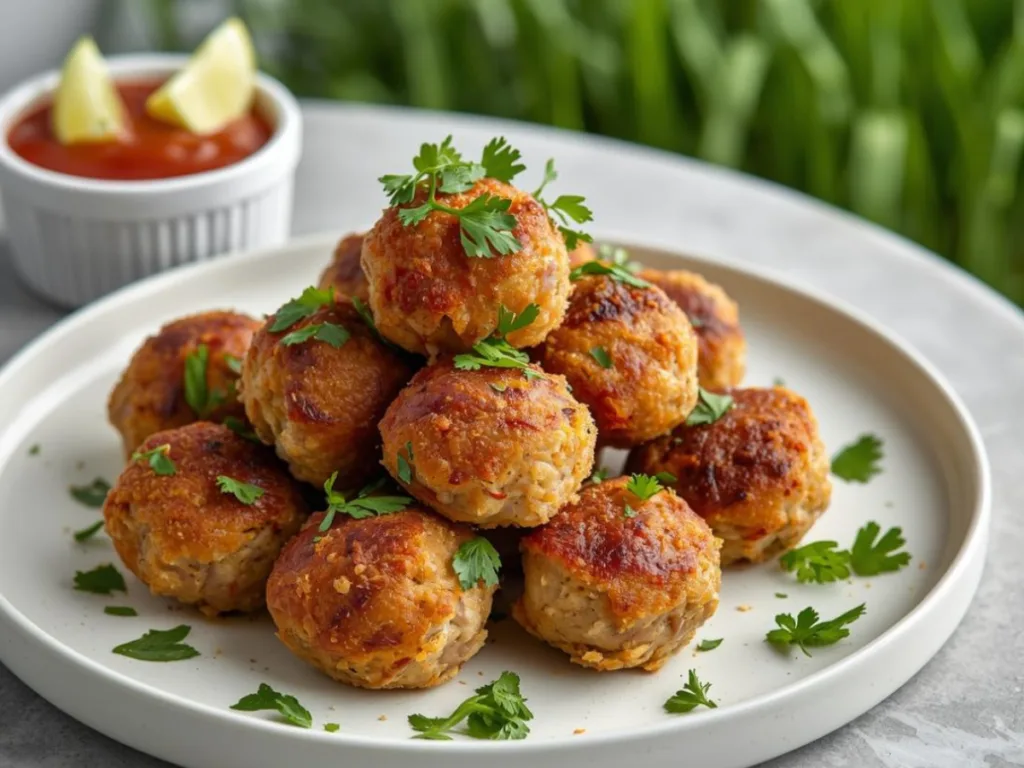 A platter of juicy air fryer turkey meatballs with a side of marinara sauce.