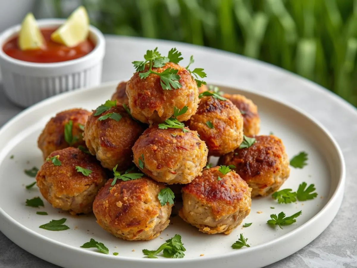 A platter of juicy air fryer turkey meatballs with a side of marinara sauce.