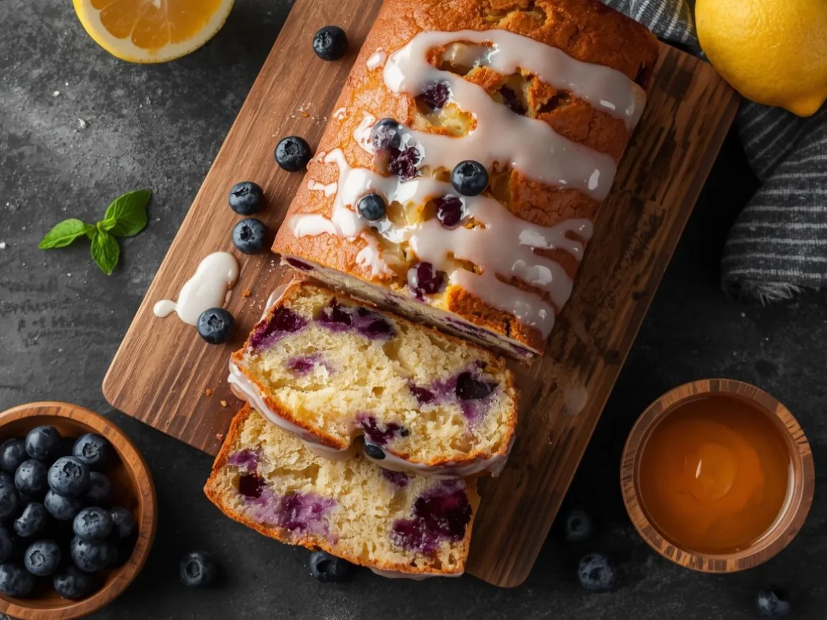 Sliced Lemon Blueberry Loaf with Lemon Glaze