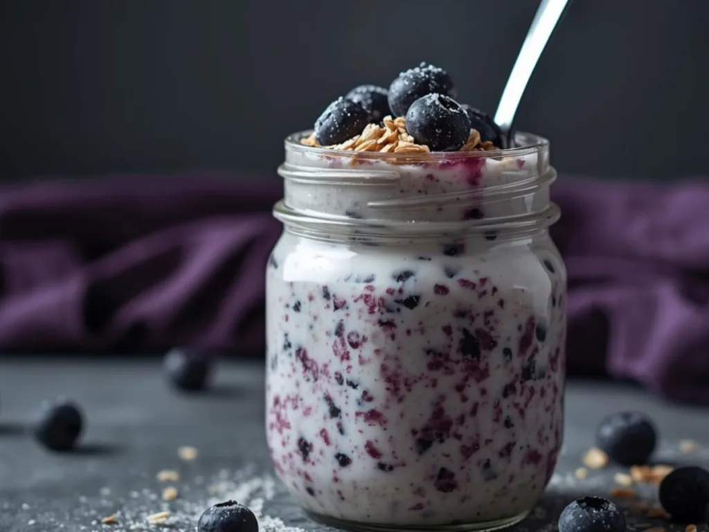 Close-up of Blueberry Overnight Oats With Yogurt in a glass jar topped with fresh berries and chia seeds.