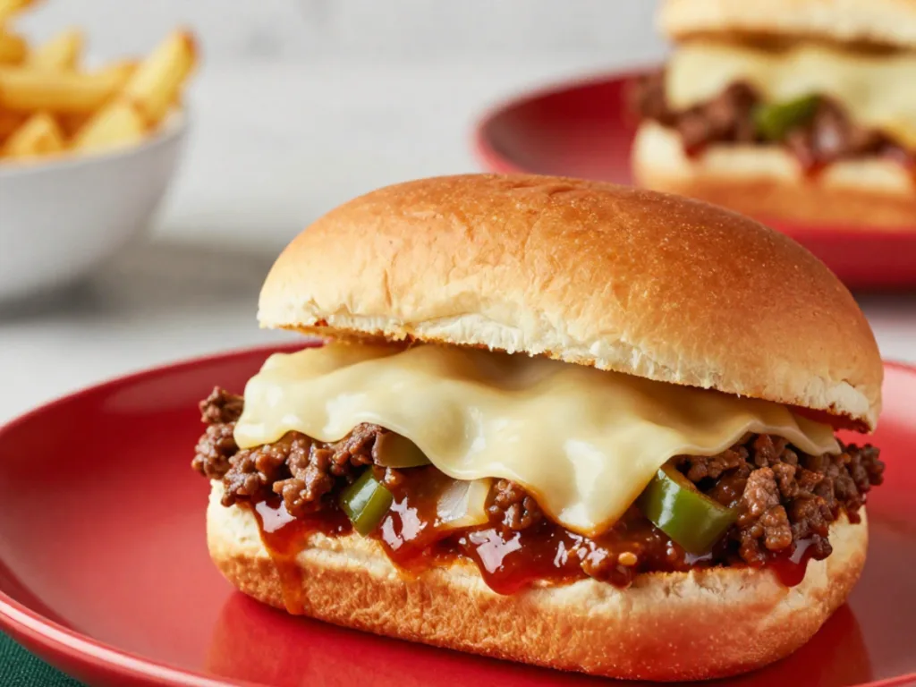 A delicious serving of Philly Cheesesteak Sloppy Joes on toasted brioche buns with melted provolone cheese and sautéed green bell peppers.