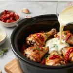 A ceramic dish of slow cooker creamy tuscan chicken dinner with vibrant sun-dried tomatoes and wilted spinach in a white cream sauce.