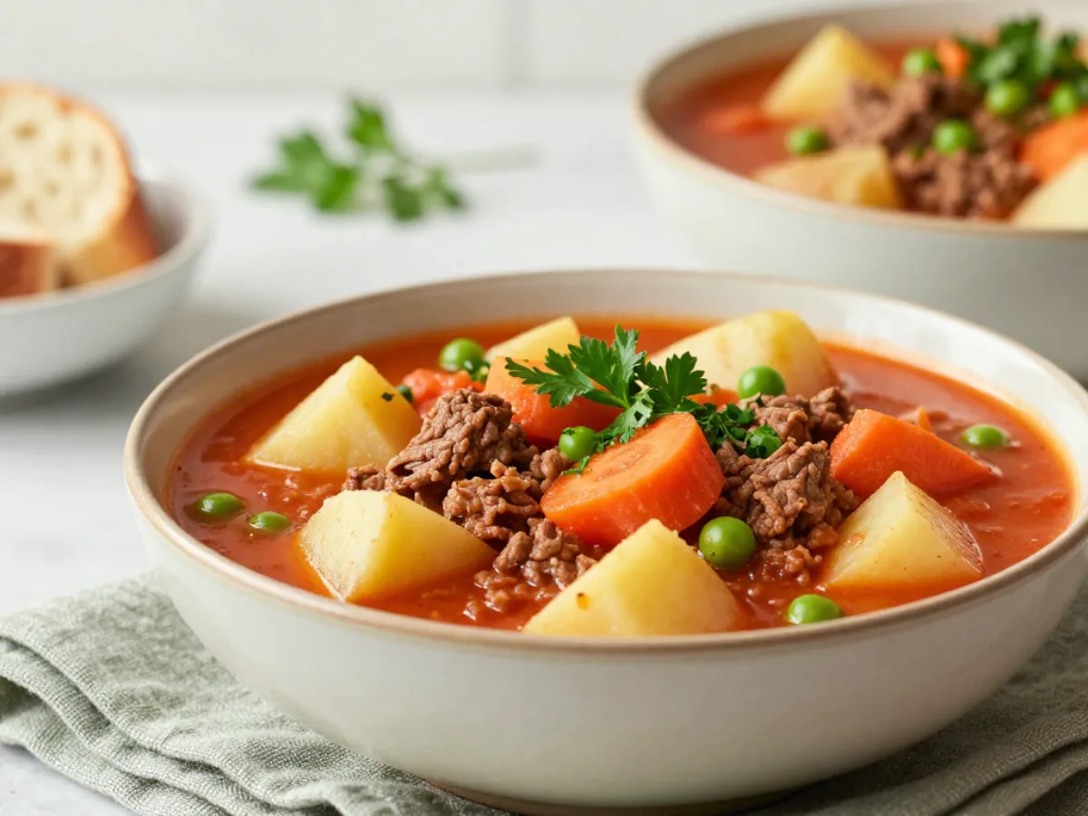 Hearty Wholesome Hamburger Stew in a ceramic bowl with sliced carrots and potatoes.