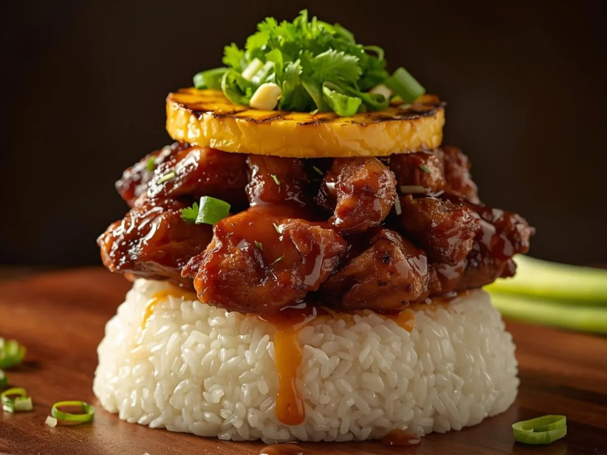 Hawaiian Huli Huli Chicken Stack on a platter
