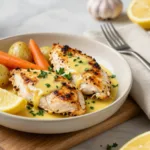 A slow cooker filled with slow cooker lemon herb chicken & veggie dinner, featuring golden chicken thighs, carrots, and baby potatoes in a clear herb broth.