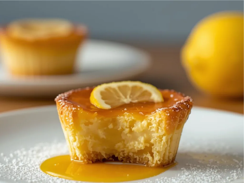 Zesty Mini Baby Lemon Impossible Pies with a golden brown crust and fresh lemon custard filling served as bite sized treats.