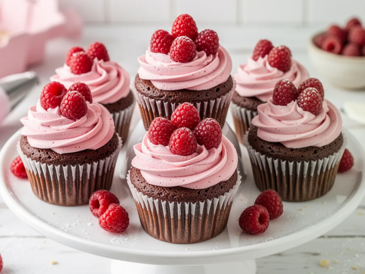 A close-up of vibrant pink raspberry buttercream frosting being piped onto a vanilla cupcake with a swirl pattern, showing its fluffy and stable texture.