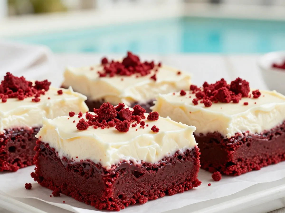 Close-up of sliced Red Velvet Cookie Bars with thick cream cheese frosting and white chocolate chips on a white plate.