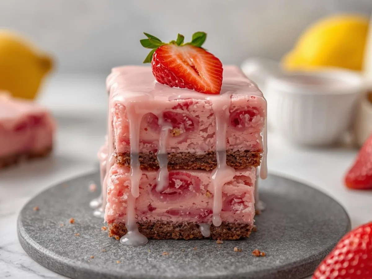 Fudgy Strawberry Brownies with Lemon Glaze drizzled on top