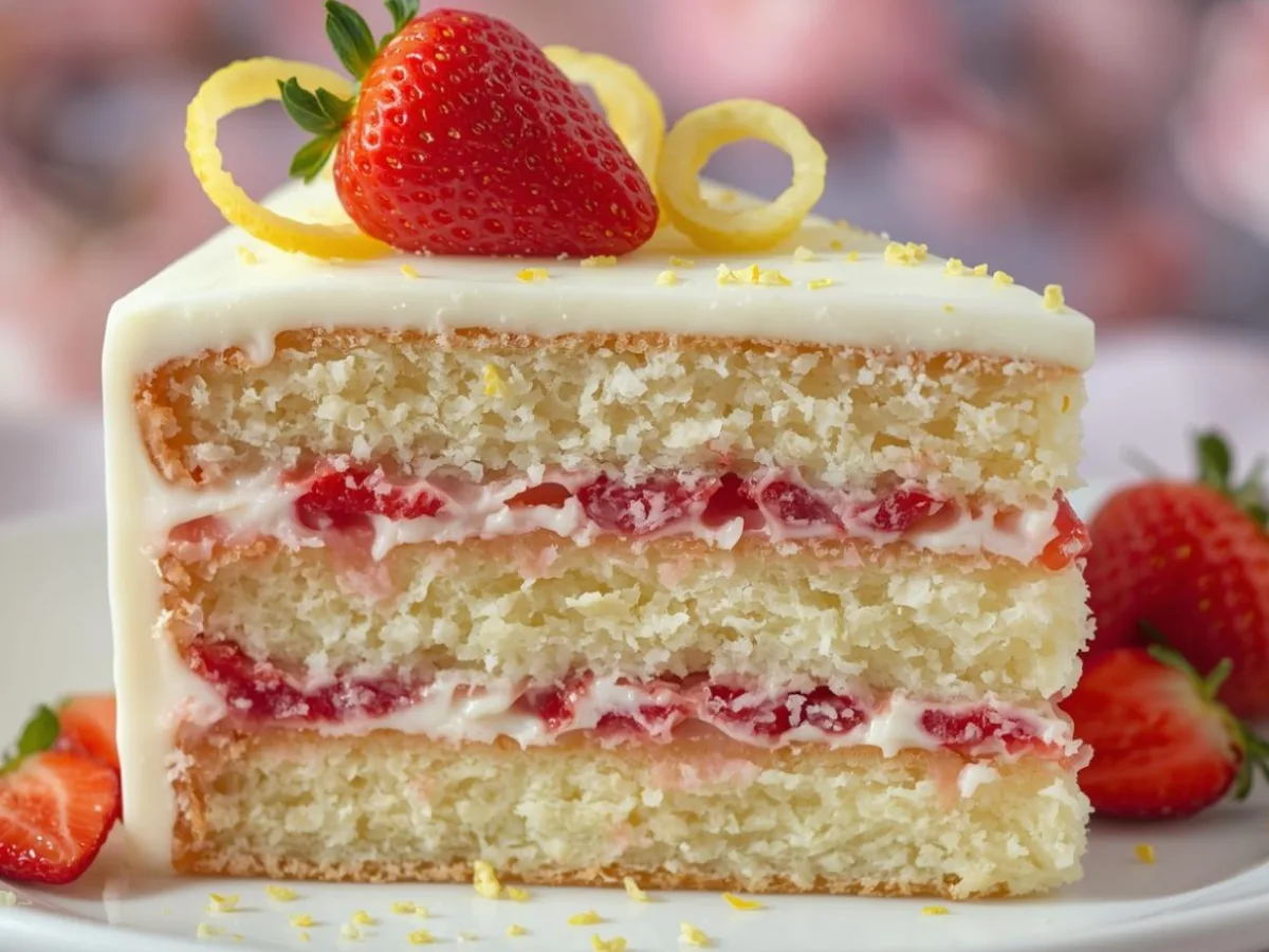 Close-up of moist Strawberry Lemonade Cake Layers featuring fresh strawberry filling, lemon cream cheese frosting, and bright lemon zest garnish.