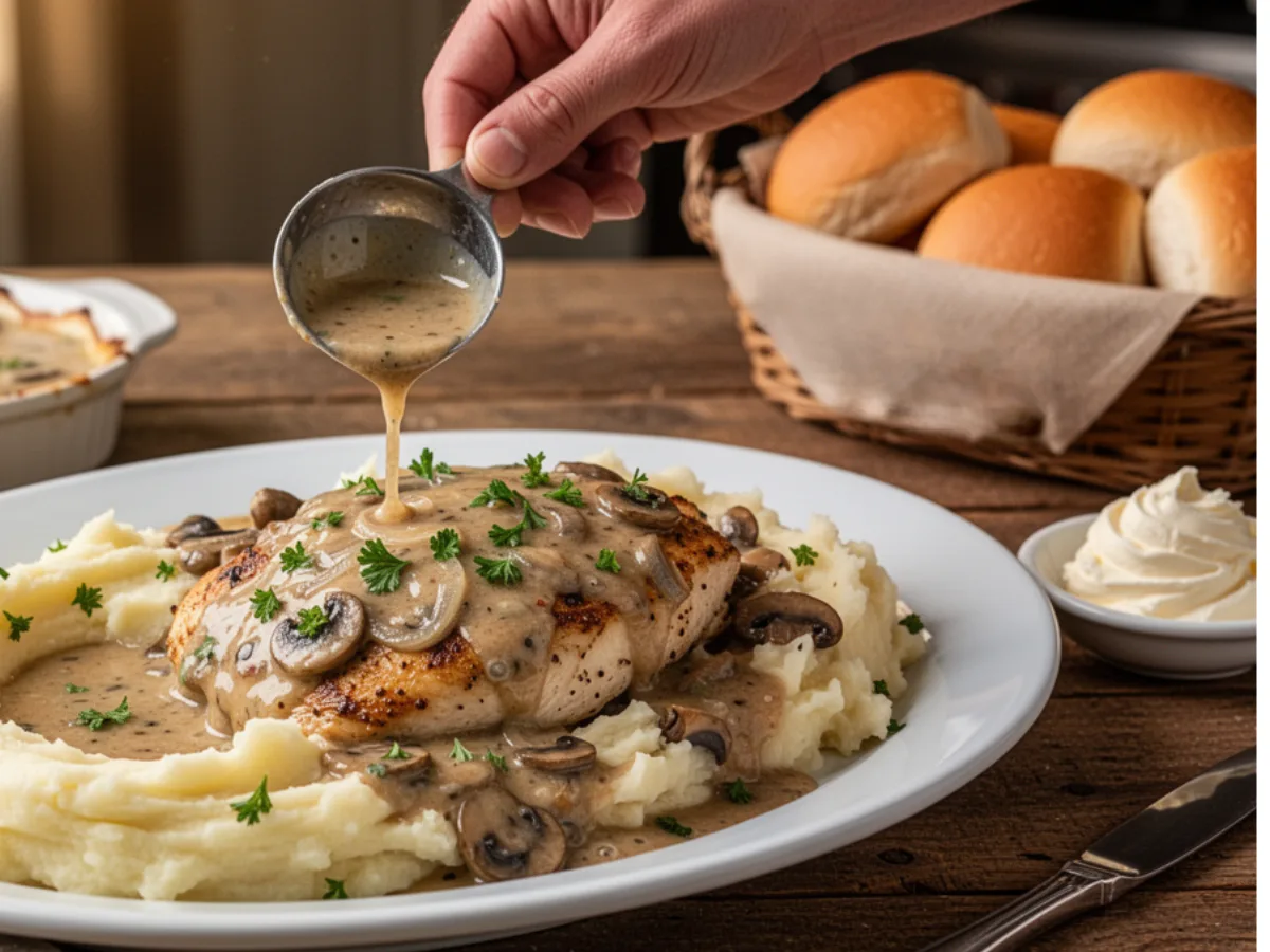 Authentic Texas Roadhouse Smothered Chicken topped with Monterey Jack cheese, sautéed mushrooms, and onions.