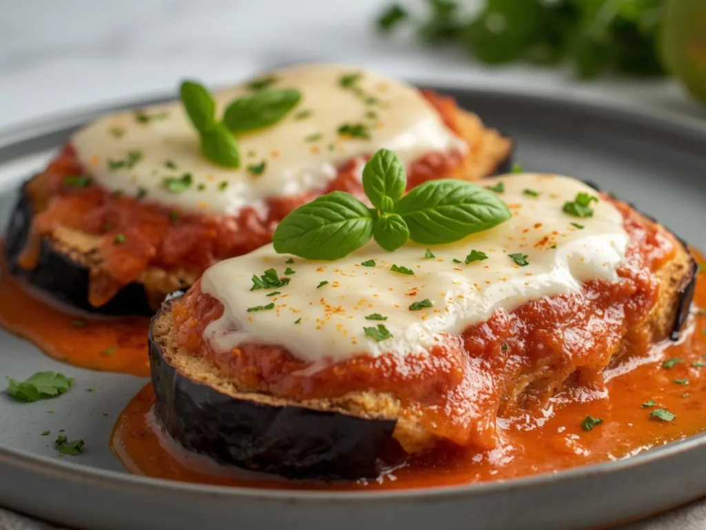 Close-up of air fried eggplant parmesan with a golden panko crust.