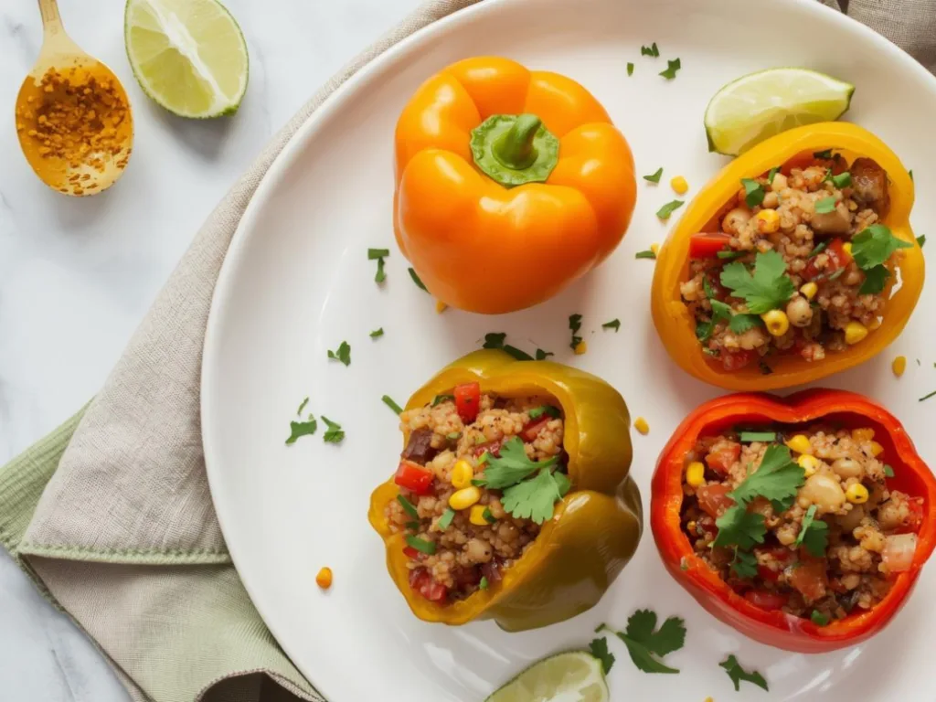 Close-up of a vegetarian stuffed pepper with quinoa, corn, and beans.