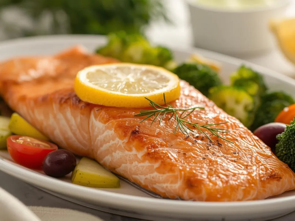 Garlic butter air fryer salmon served with roasted asparagus.