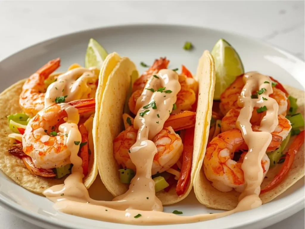 Close-up of crispy air fryer shrimp tacos with creamy sriracha sauce and fresh lime.