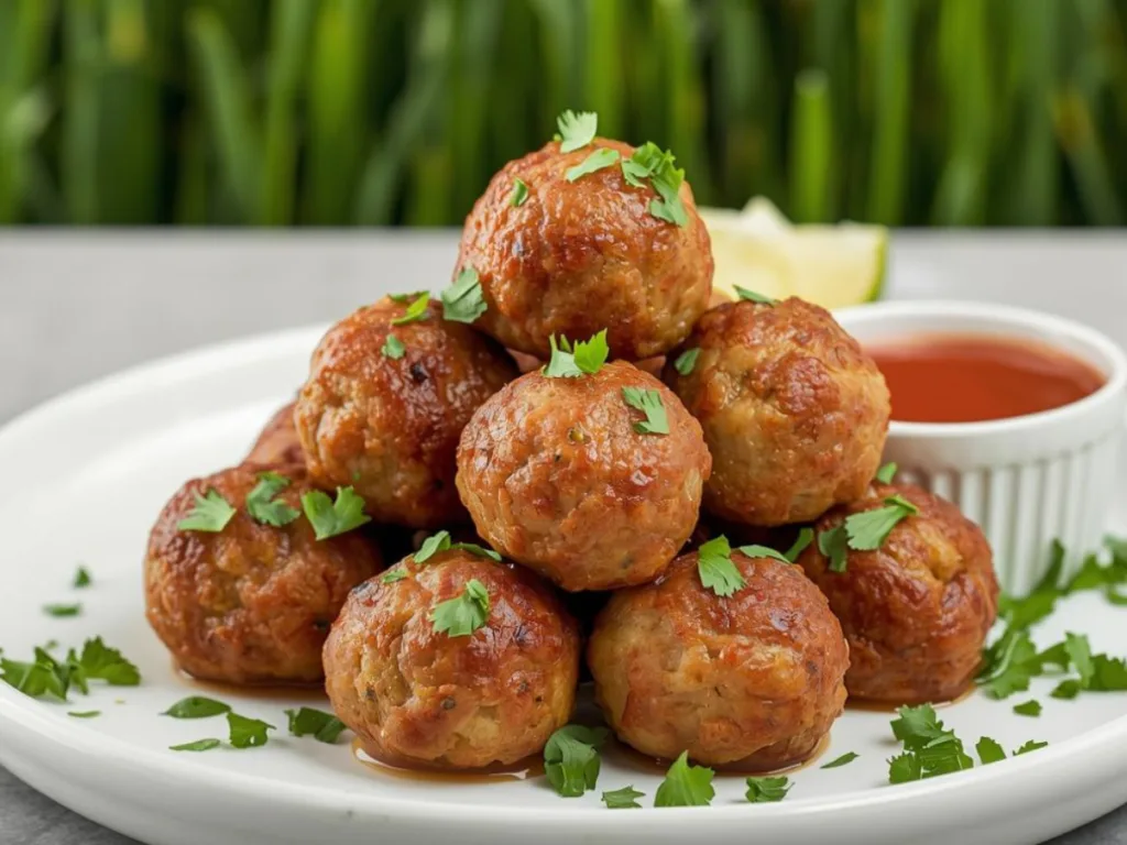 Close-up of a turkey meatball being dipped into red sauce.