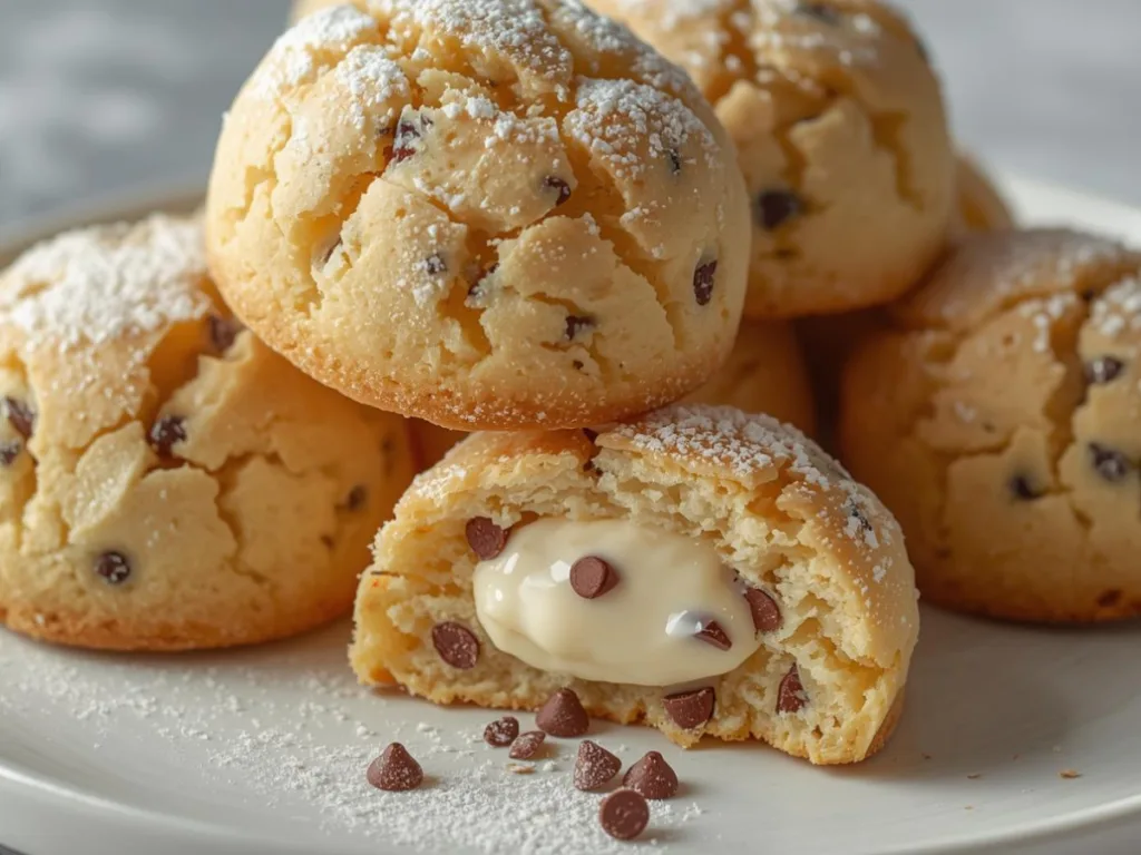 Top-down view of a batch of freshly baked Italian Cannoli Cookies on a rustic wooden table with scattered pistachios and mini chocolate bits.