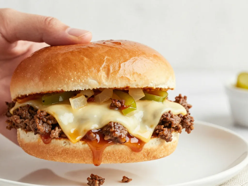 Close-up of a Cheesesteak Sloppy Joe Recipe featuring juicy ground beef, caramelized onions, and gooey cheese whiz on a soft bun.
